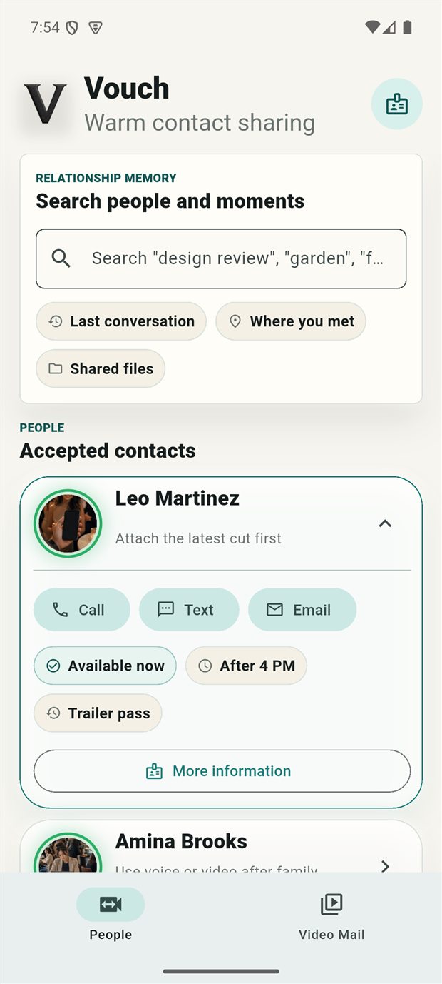 Vouch development build showing relationship memory search and illustrative contact cards.
